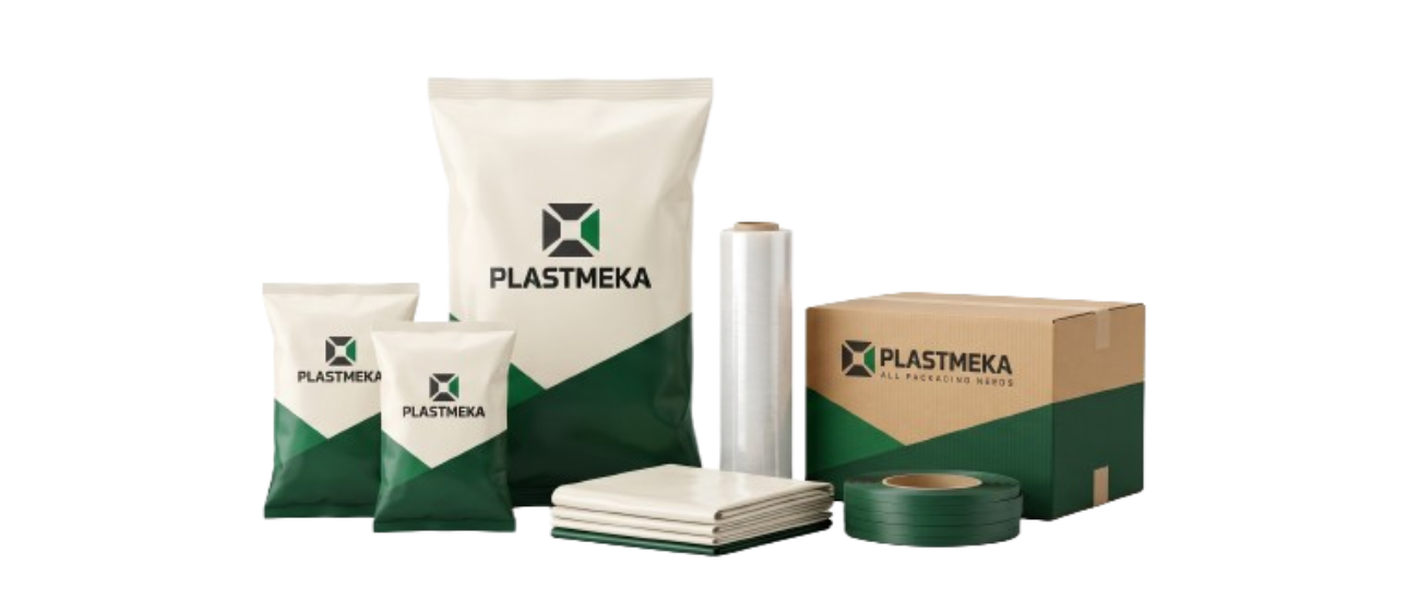 Plastmeka packaging product family: PE bags, stretch film, cardboard packaging and strapping